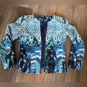 H&M Blue Teal white pink Multicolor Patterned Jacket blazer size 2 long sleeve